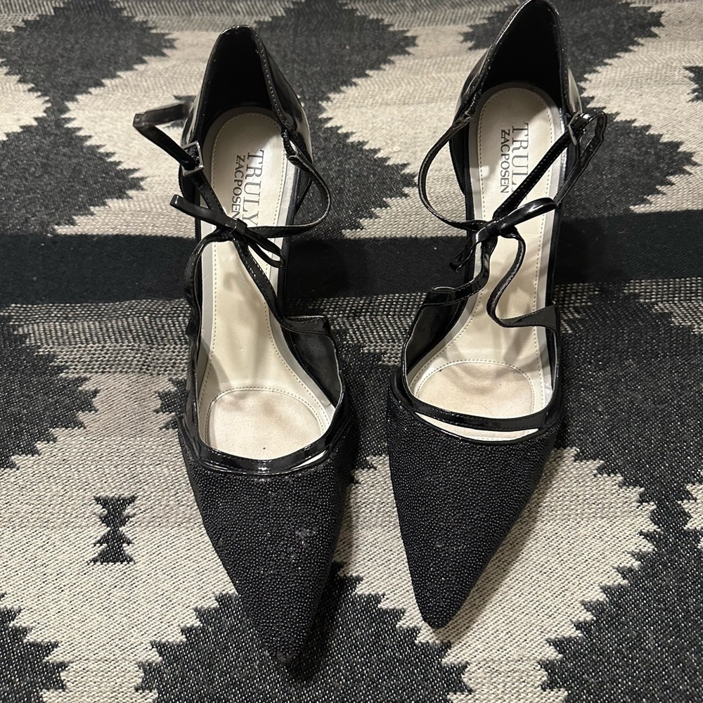 ZAC Zac Posen Black Strappy Heels with Textured Finish